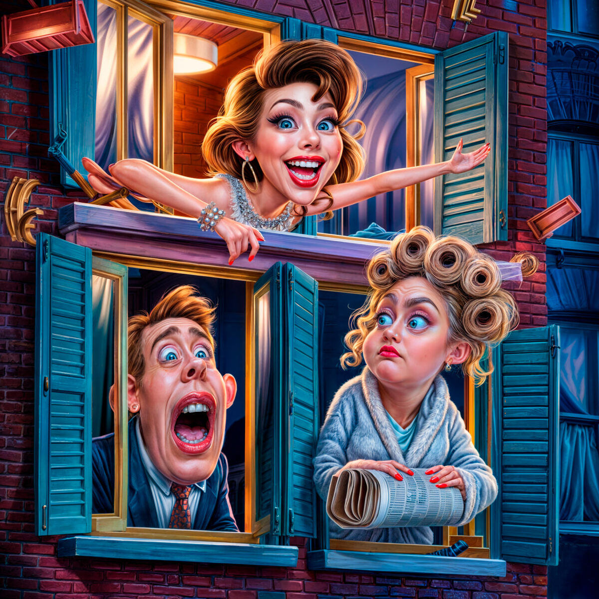 Смешной анекдот, карикатура, смешной рисунок о соседях: когда музыка мешает сну и будит страсть