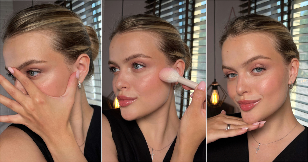 Берем нашу руку, направляем указательный палец к началу брови, а большой палец к уху (к козелку). Делаем как на фото. И в область выемки наносим основной румянец, оттушевываем наверх и подчищаем границы растушевки. Вуаля! Вы свежи и прекрасны!