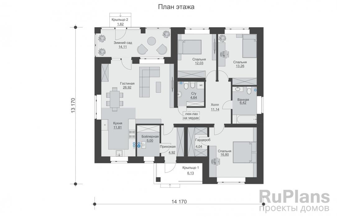 Прихожая - 4,92 м2 Гардероб - 4,04 м2 Спальня - 16,80 м2 Ванная - 6,42 м2 Холл - 11,14 м2 Спальня - 13,26 м2 Спальня - 12,03 м2 С/у - 4,64 м2 Гостиная - 26,92 м2З имний сад - 14,11 м2 Кухня - 11,81 м2 Бойлерная - 5,00 м2