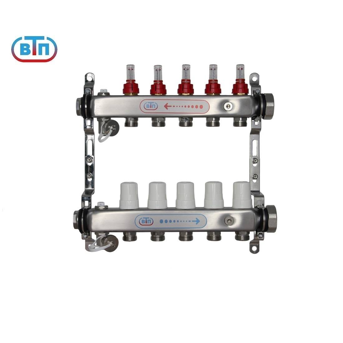 А40.Ртн.Вр/Нг – модель с внутренней резьбой 1" и резьбовой заглушкой в торцах коллекторов, с одного конца и накидной гайкой 1.1/4" с другого. Вр/Нг – накидные гайки справа, Нг/Вр –слева