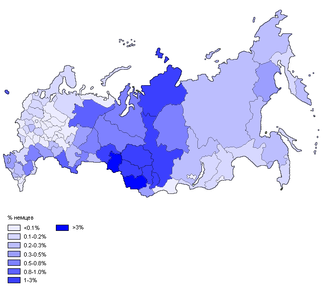 Расселение и доля немцев России в %