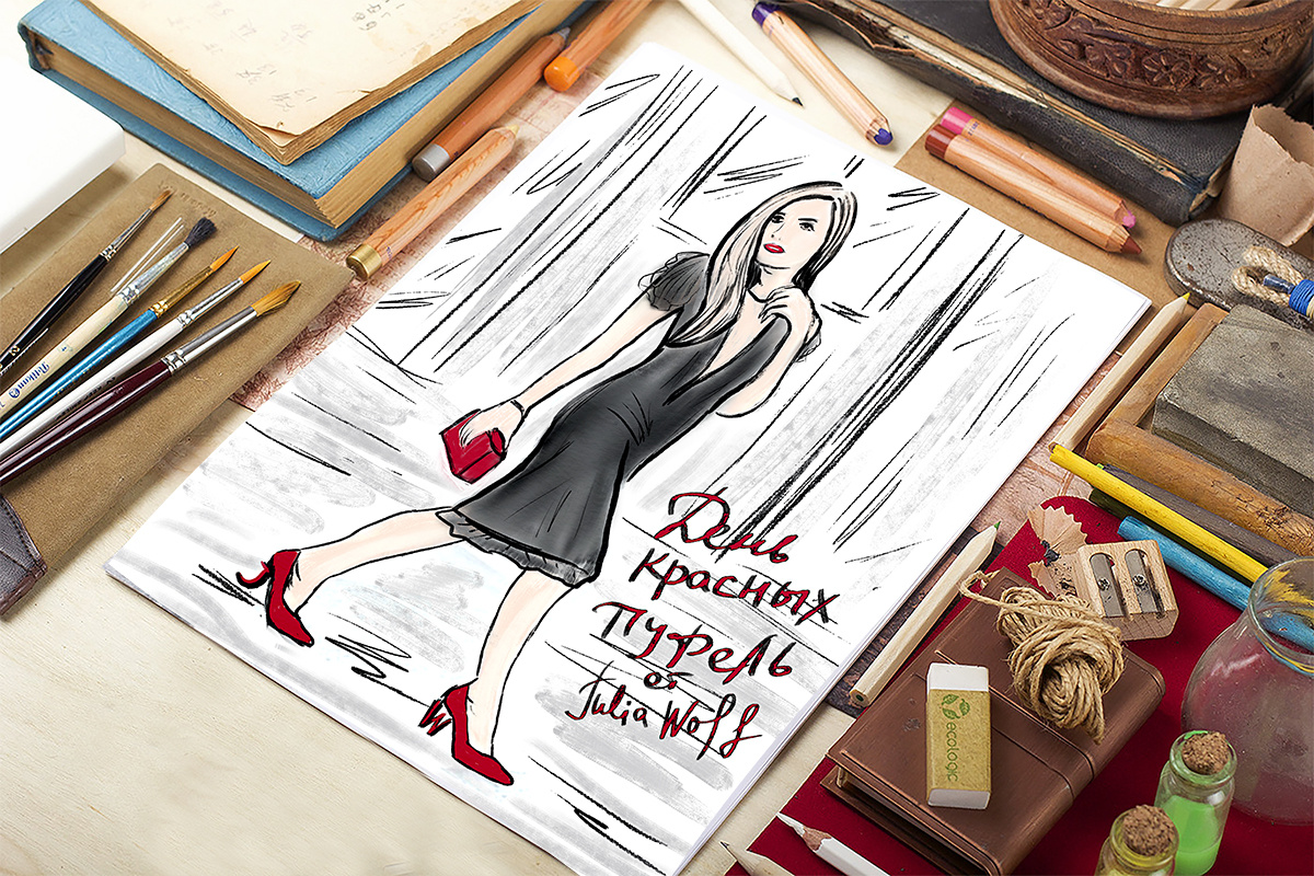 Рисунок в технике «акватушь»: пример стильного лука от художницы Julia Wolf.