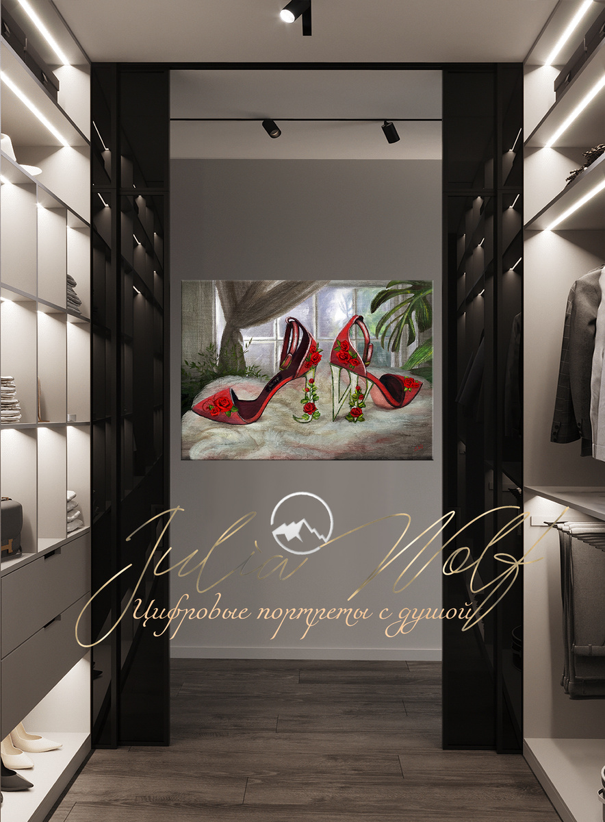 Картина «Туфли страсти» художницы Julia Wolf в интерьере (гардеробной комнате).