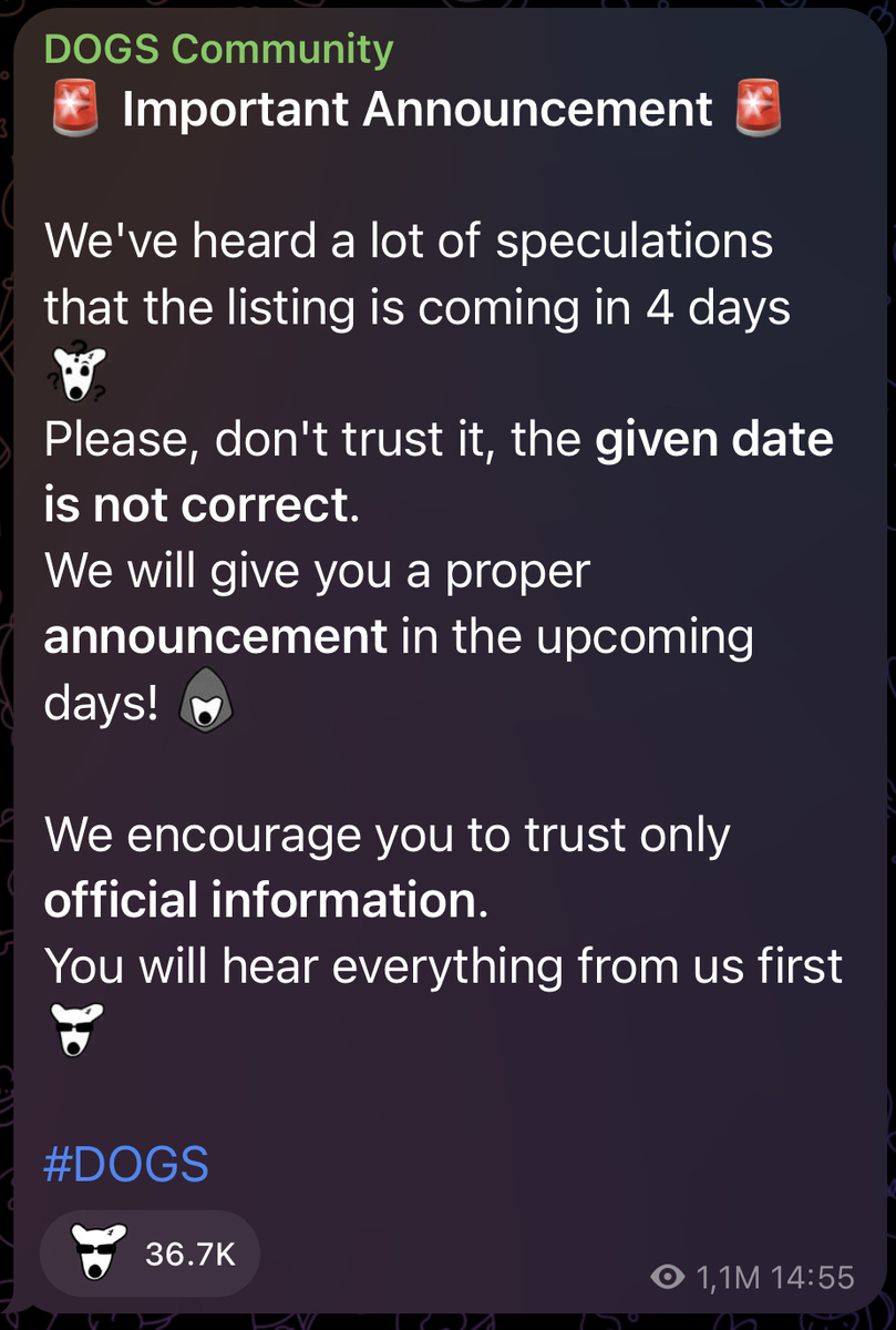 Скриншот из Telegram канала проекта.