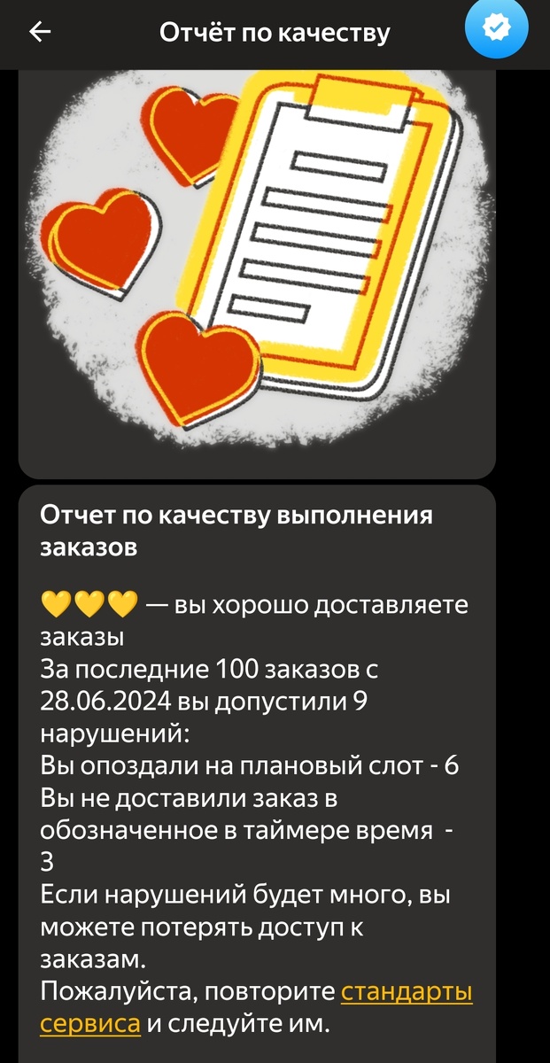 Отчёт с сердечками. Я не идеальный курьер, но данные нарушения не сильно тяжёлые по мнению сервиса. 