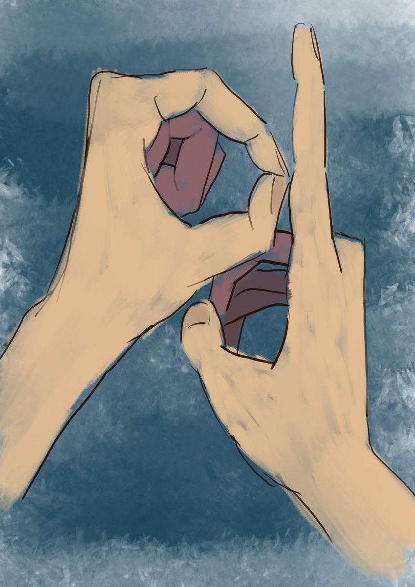 Надо было вот так, если я всё правильно понял. Кольцо нужно приставить к сгибу указательного пальца, между двумя верхними и нижней фалангой, как на рисунке. А ещё я дунул в кольцо, но дым не пошёл, хотя в прошлых моих опытах с кольцом из пальцев (не компаса) он был.