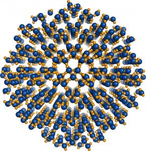    Ядро (зародыш) кристалла льда-0. Атомы кислорода голубые, водорода — желтые / © John Russo, Flavio Romano, Hajime Tanaka, 2014