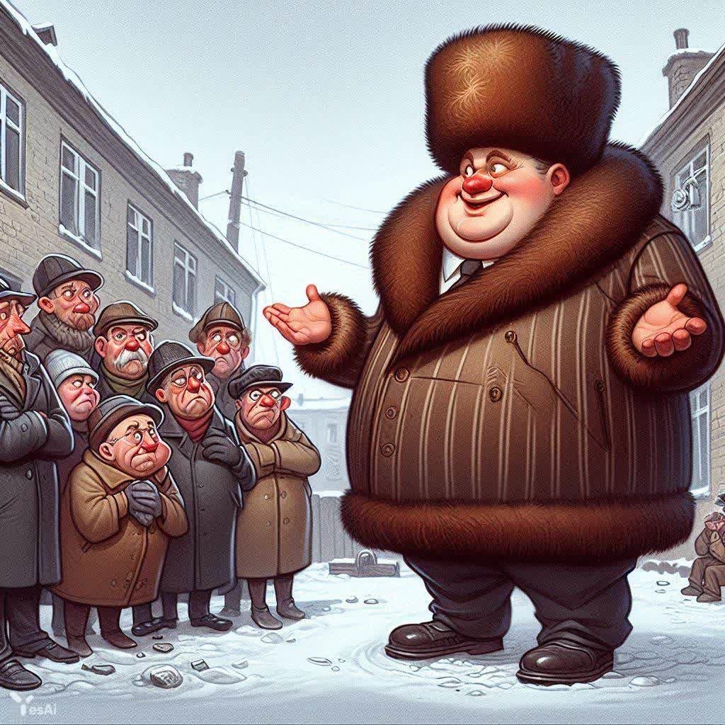 Смешной анекдот, карикатура, смешной рисунок губернатор и замерзающие жители: Тёплые слова на холодной встрече