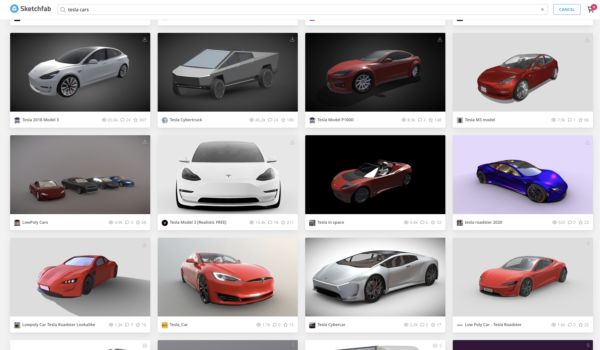 Пример выдачи по запросу «Tesla Cars» в Sketchfab