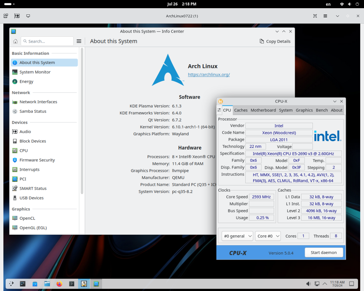 CPU-X running on Arch Linux as KVM Guest