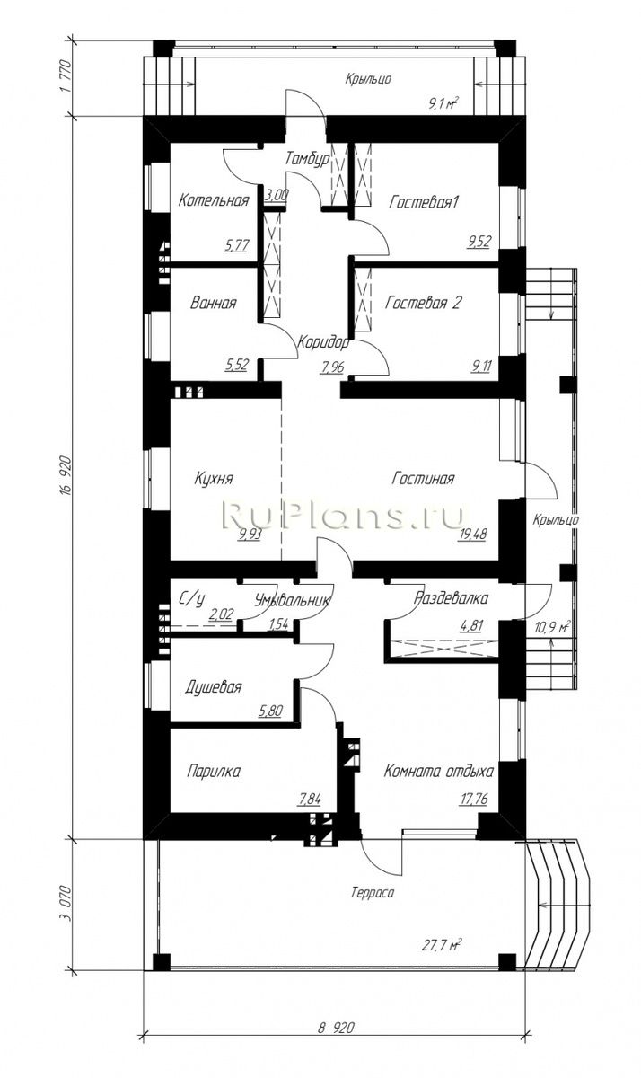 Тамбур — 3,00 кв м Котельная — 5,77 кв м Ванная — 5,52 кв м Коридор — 7,96 кв м Гостевая 1 — 9,52 кв м Гостевая 2 — 9,11 кв м Кухня — 9,93 кв м Гостиная — 19,48 кв м Умывальник — 1,54 кв м С/у — 2,02 кв м Раздевалка — 4,81 кв м Душевая — 5,80 кв м Парилка — 7,84 кв м Комната отдыха — 17,76 кв м