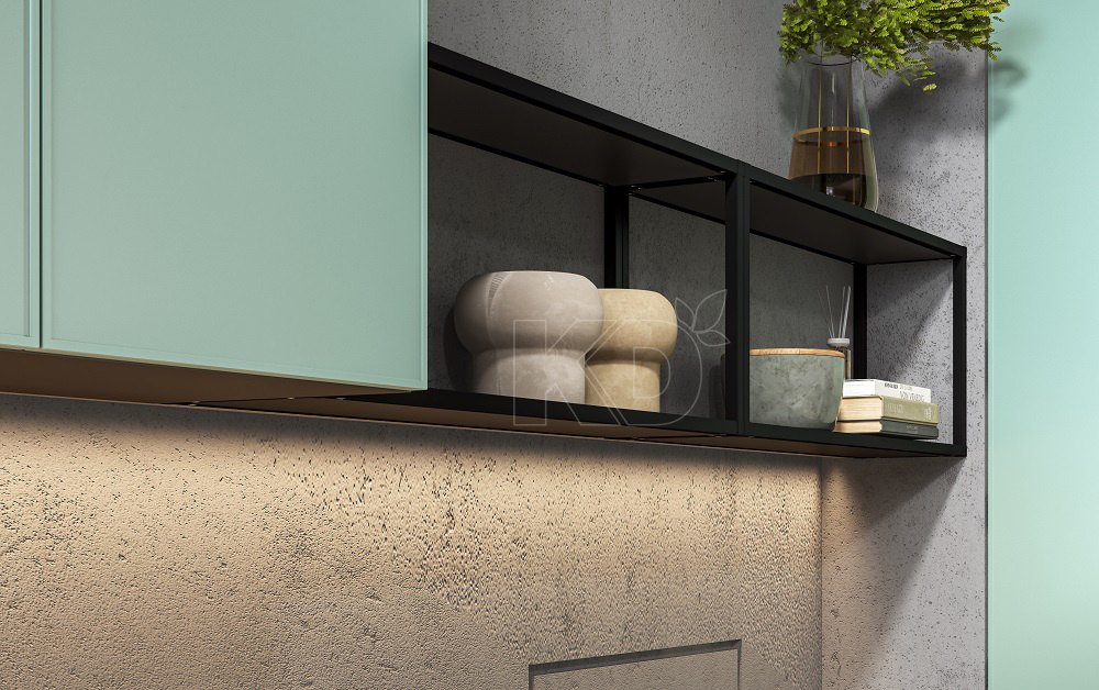 Открытые элементы из анодированного алюминия делают кухонное пространство стильным