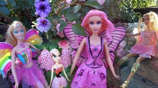 Сказочные герои из мультиков Барби в летнем саду цветов, летние красоты природы и куклы Барби феи и принцессы, Элина, Мэрипоза, Лиана, Барби