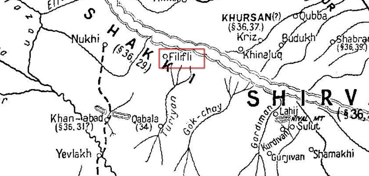 На фото (фрагмент): Карта-реконструкция В.Ф. Минорского «Дагестан и Ширван» // Фильфили.