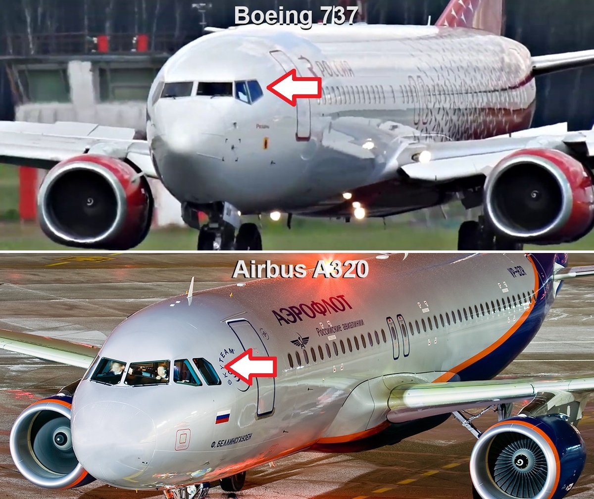 На фото: Boeing 737 и Airbus A320. Как отличить самолеты. Отличие 1 – окна кабины пилотов.