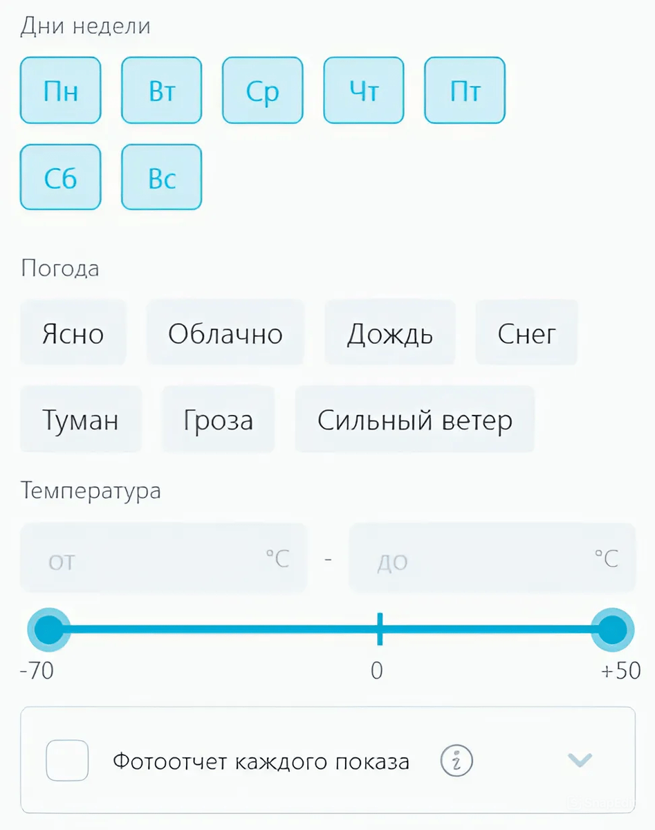 Настройка показов по дням недели, погодному и температурному таргентингу