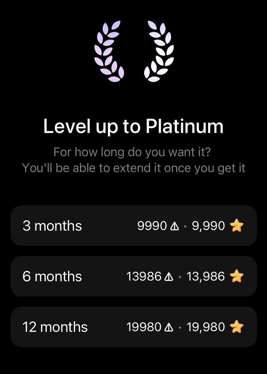 Стоимость подписки Platinum на 3, 6 и 12 месяцев. Стоимость указана в $NOT и Telegram Stars.