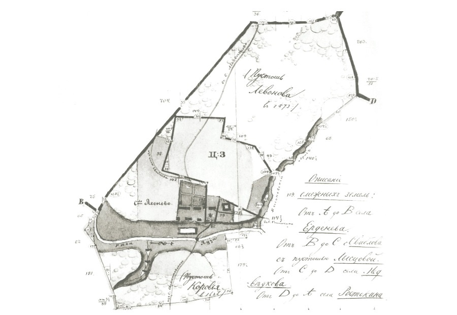 План Леонова в 1772 году. На плане надпись: "Пустынь Левонова в 1573"