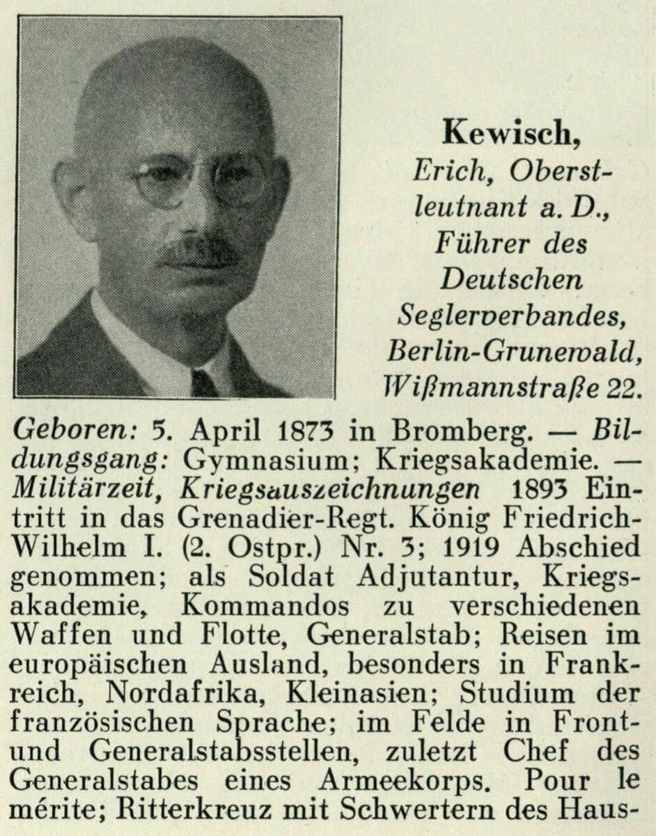 В 1916 году он служил майором в штабе Главного командования 5-й армии под командованием генерал-лейтенанта наследного принца Вильгельма Прусского . Как сказал генерал от инфантерии Бруно фон Мудра , командующий XVI в. Армейский корпус, получивший командование «Штурмовой группой Мудра» (объединёнными войсками X и V резервных корпусов) во время битвы при Вердене Гуго фон Катена и с 31 июля 1918 года под командованием генерал-лейтенанта Артура фон Габена . После ноябрьского переворота и демобилизации уволен с действительной военной службы в 1919 году в звании подполковника . Кевиш сначала работал фермером, затем торговцем лесом. В конце концов он стал бизнесменом в Siemens-Schuckertwerken AG, где до 1935 года возглавлял отдел кадров и имел право подписи. 
Подполковник А. Д. Эрих Кевиш, член Императорского яхт-клуба в Потсдаме, был председателем и президентом Немецкой ассоциации парусного спорта (DSV) с 1933 по 1934 год. С 1934 по 1935 год советник Рейхсбанка Карл Унфуг сменил на посту председателя парусного клуба «Тегельзее» (Spandauer Yacht Club), а Кевиш снова взял на себя председательство с 1935 по конец 1939 года. 