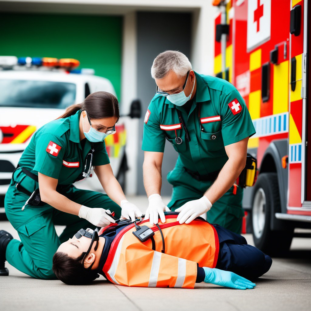 Два фельдшера оказывают медицинскую помощь пострадавшему