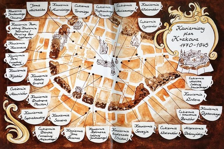 Разворот из книги «Кофе с пирожным в любое время суток: История краковских кофеен и кондитерских» с картой расположения кафе вокруг главной площади в Кракове, фото: Culture.pl