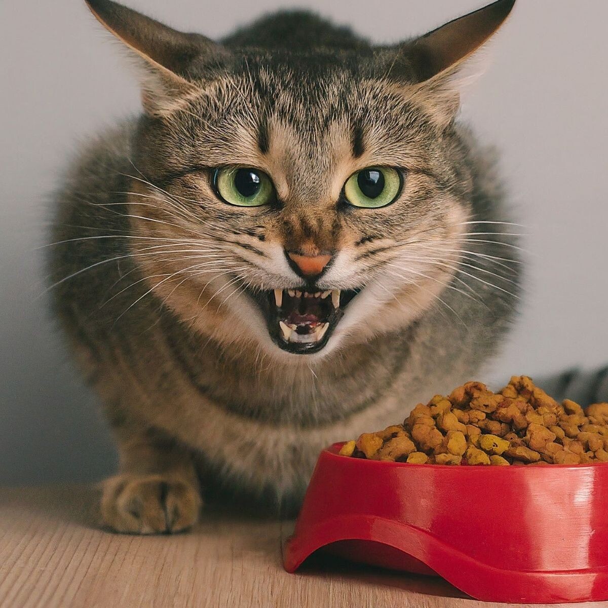 Кот рычит рядом с миской 