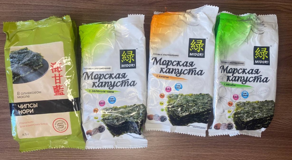Морская капуста: 1. В оливковом масле; 2. С зелёным чаем; 3. С кимчи; 4. С васаби