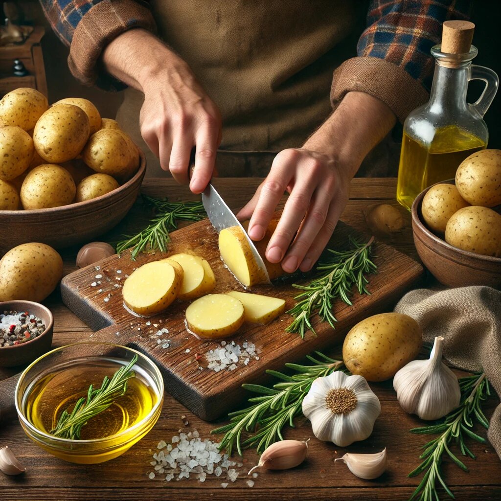 Процесс подготовки картофеля для запекания.