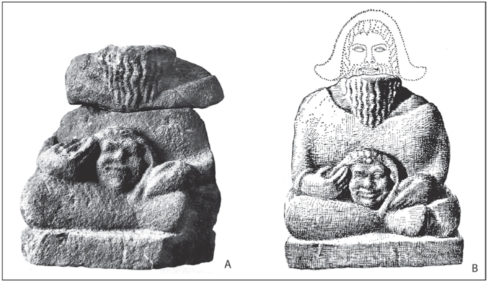 Фрагментированная каменная статуя V–II вв. ВСЕ из Le Carla (Département Bouriège) (А) и её реконструкция (В). Источник: Семененко А. А. Кельтские этюды. О кельтской конной богине и её ригведийско-южноазиатских истоках. О кельтской транспортно-боевой платформе. — Воронеж: Электронная монография на правах рукописи, 2021. — 553 с. + 474 илл. — ISBN 978-5-6043336-5-5. — С. 15, Илл. 2.
