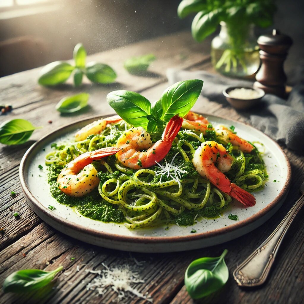 Паста с песто и креветками.