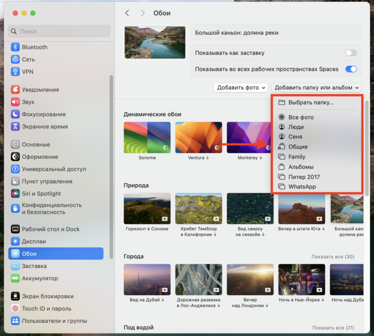     Добавьте папку с обоями в настройки