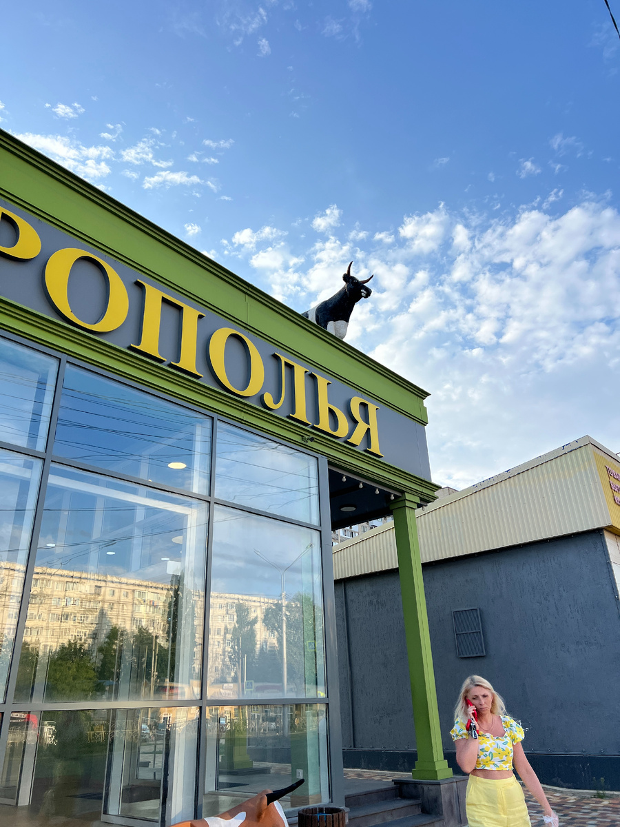 Корова как бы встречает посетителей на входе. Только необычным способом, глядя с крыши входа в магазин.