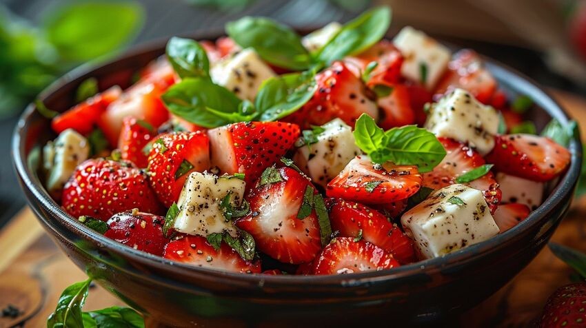 САЛАТ С ЯГОДАМИ - ЭТО ЧТО-ТО НОВЕНЬКОЕ. ФОТО СГЕНЕРИРОВАНО НЕЙРОСЕТЬЮ MIDJOURNEY.COM ПО МОТИВАМ ПУБЛИКАЦИИ