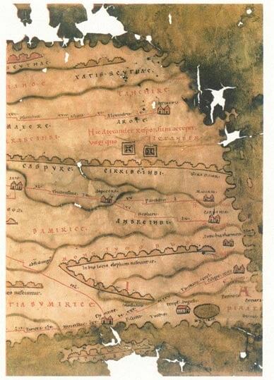 Фрагмент из Tabula Peutingeriana, источник: Annalina Levi и Mario Levi. Itineraria picta: Contributo allo studio della Tabula Peutingeriana 1967. Схематическое изображение Индии с изображением римского храмом.