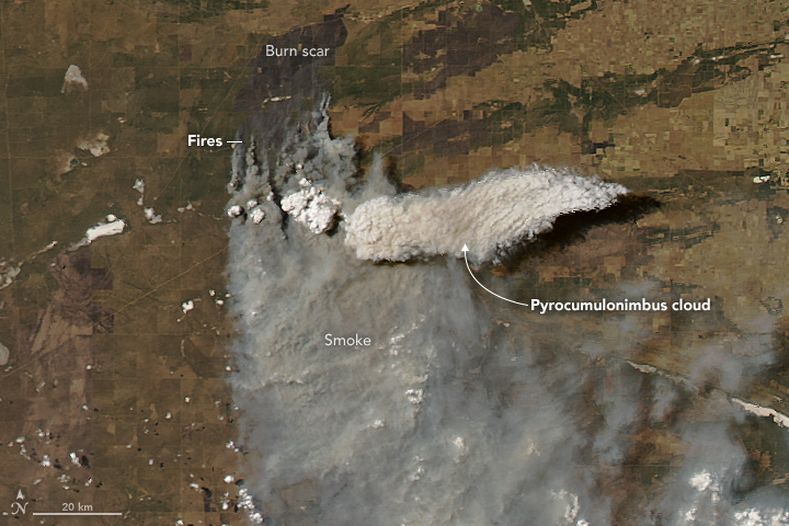 А так пирокумулятивное облако выглядит из космоса. Аргентина, 2018 год. Фото: NASA 