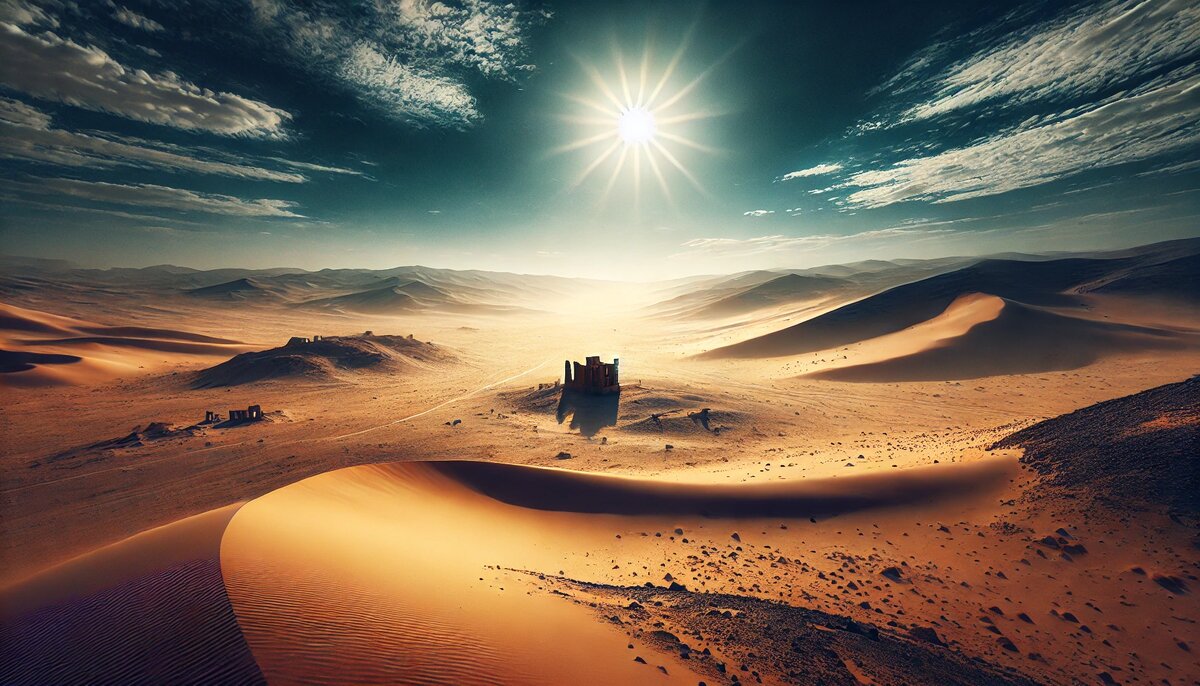 Ландшафт с холмистыми дюнами и редкой местностью под палящим солнцем, на Пустыне Вечности.