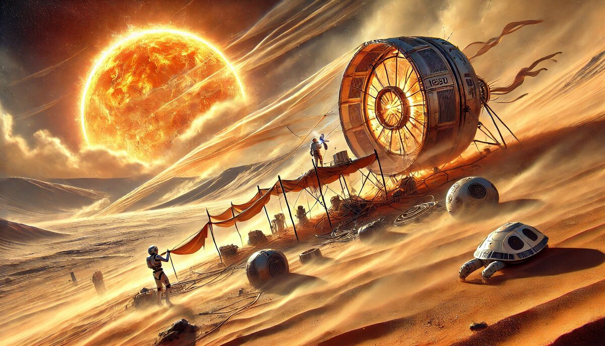 Аврора и Люкс устанавливают защитный экран вокруг своего посадочного модуля в суровой Пустыне Вечности.