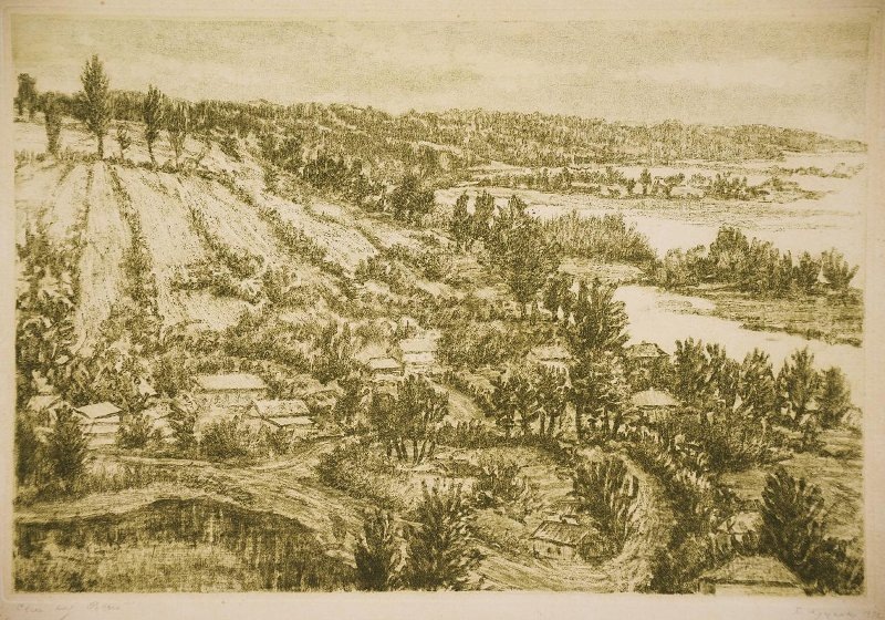 Павел Куценко. Село над Росью.  Из цикла «Пейзажи Украины». 1972. Бумага, офорт. Собрание Оренбургского областного музея изобразительных искусств.