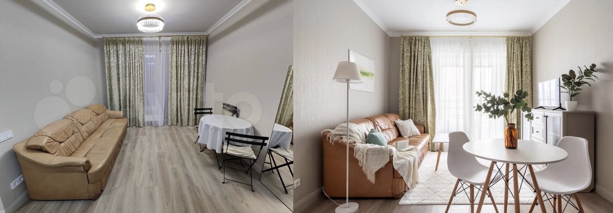 Гостиная зона ДО / ПОСЛЕ с рыжим диваном и шторами, которые решено было оставить