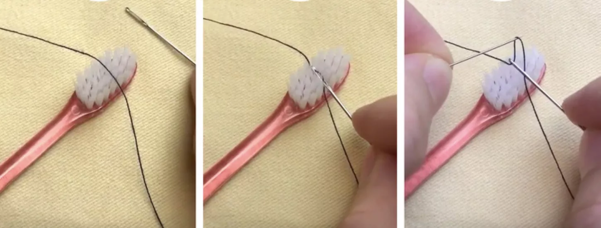 Вдевание нити с помощью щетки