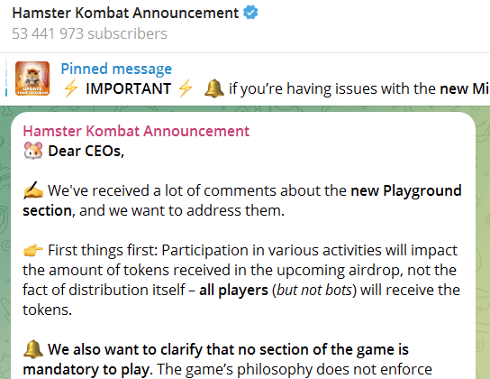 Новости от разработчиков Hamster Kombat