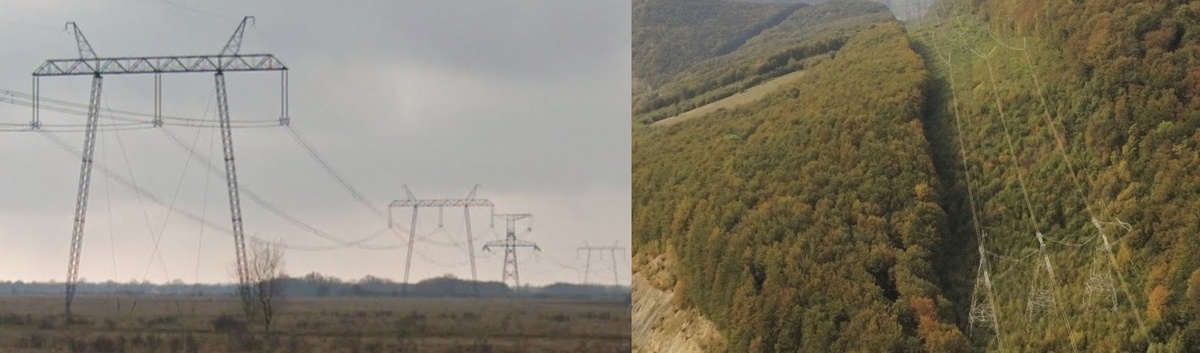 Слева – ВЛ 750 кВ на венгерских равнинах, справа – в Карпатах. Это, конечно, не Кавказ, но всё-таки горы