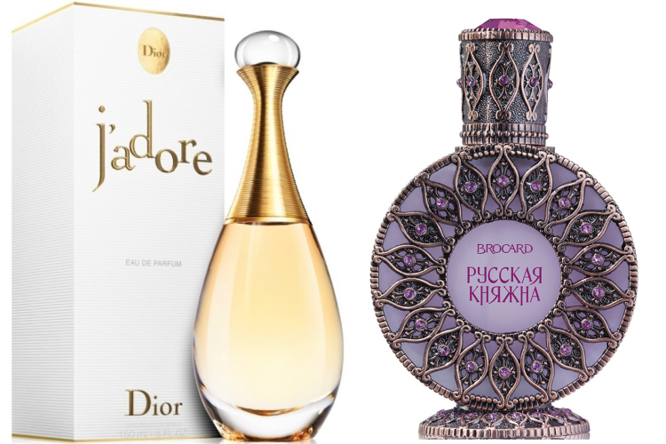 Dior J'adore — Brocard «Русская княжна». Цветочный аромат, напоминающий J'adore по своему легкому и женственному звучанию с нотками ириса и розы
