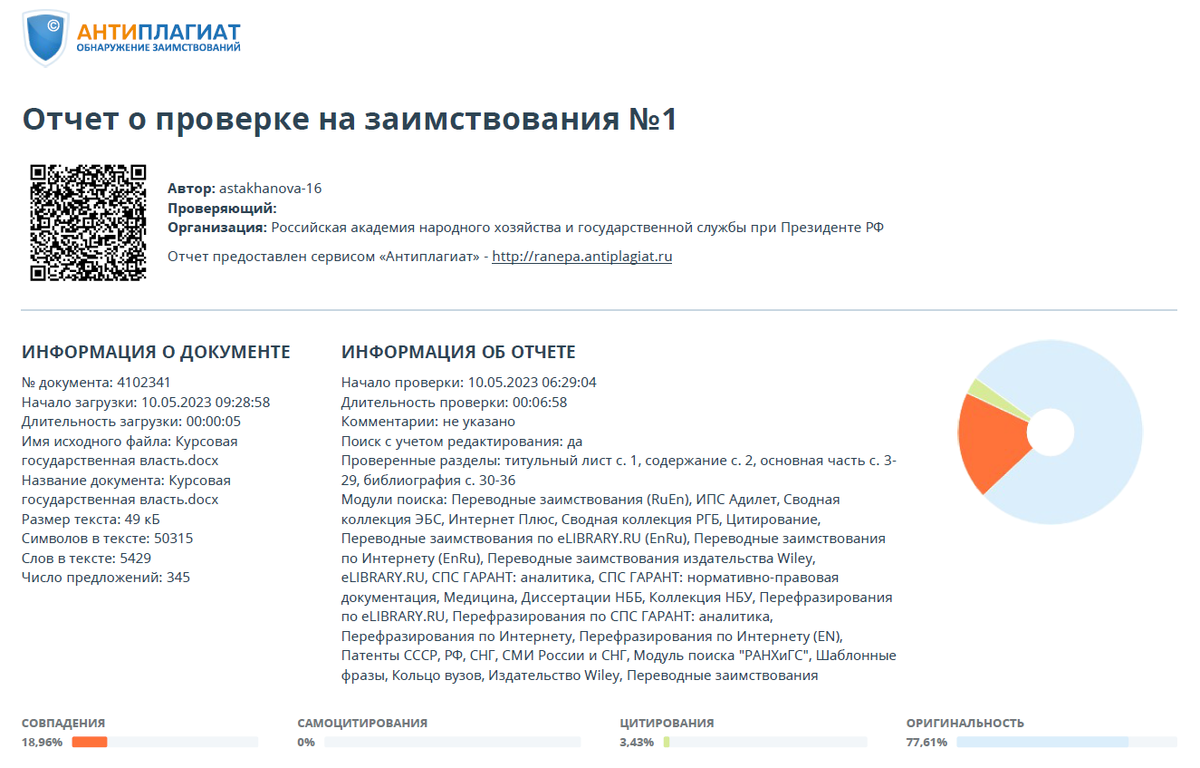 Отчет о проверке в системе Антиплагиат Вуз.