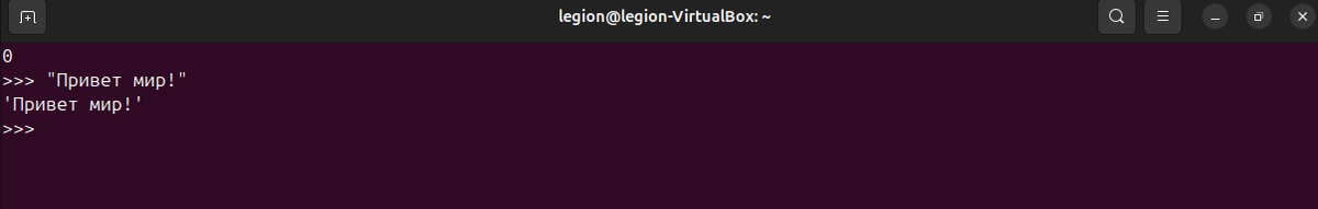Также, если мы обернём текст в кавычки и введем его в интерактивном режиме Python, интерпретатор автоматически выведет его обратно в консоль.
