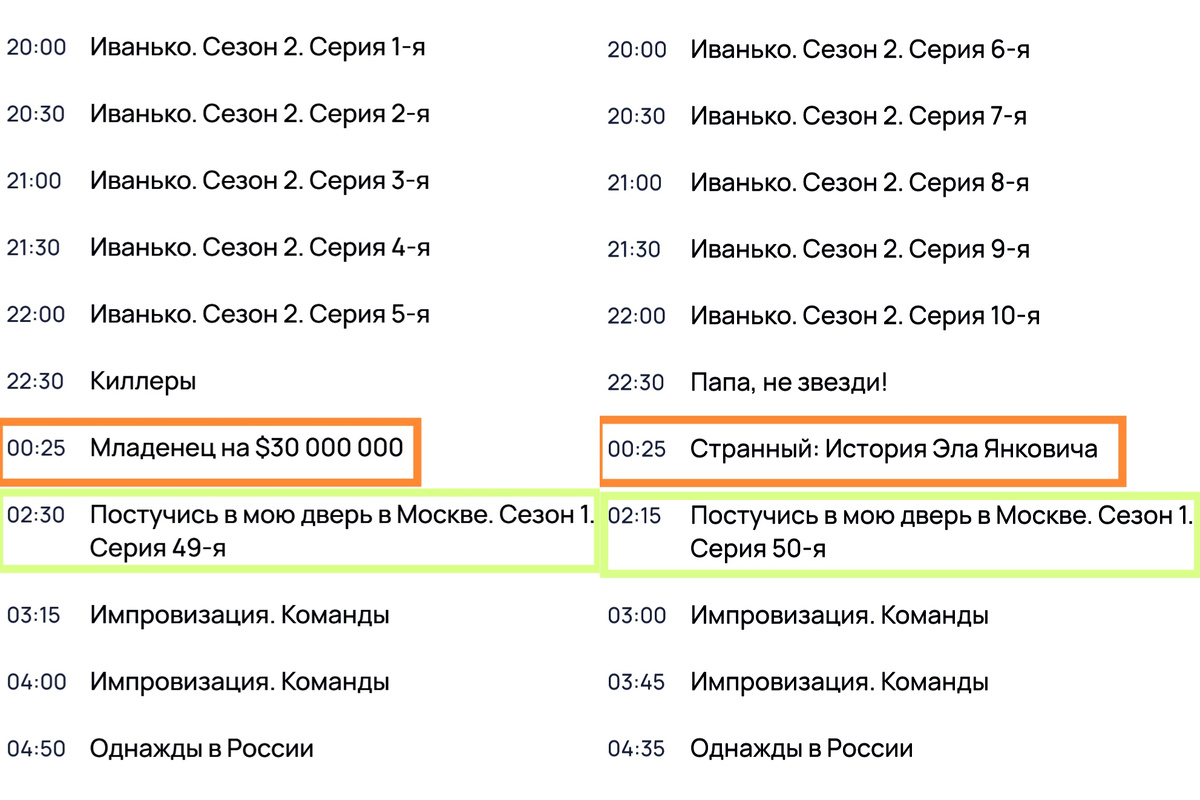 Телепрограмма ТНТ на 05-06.08.2024 (слева) и 06-07.08.2024 (справа)