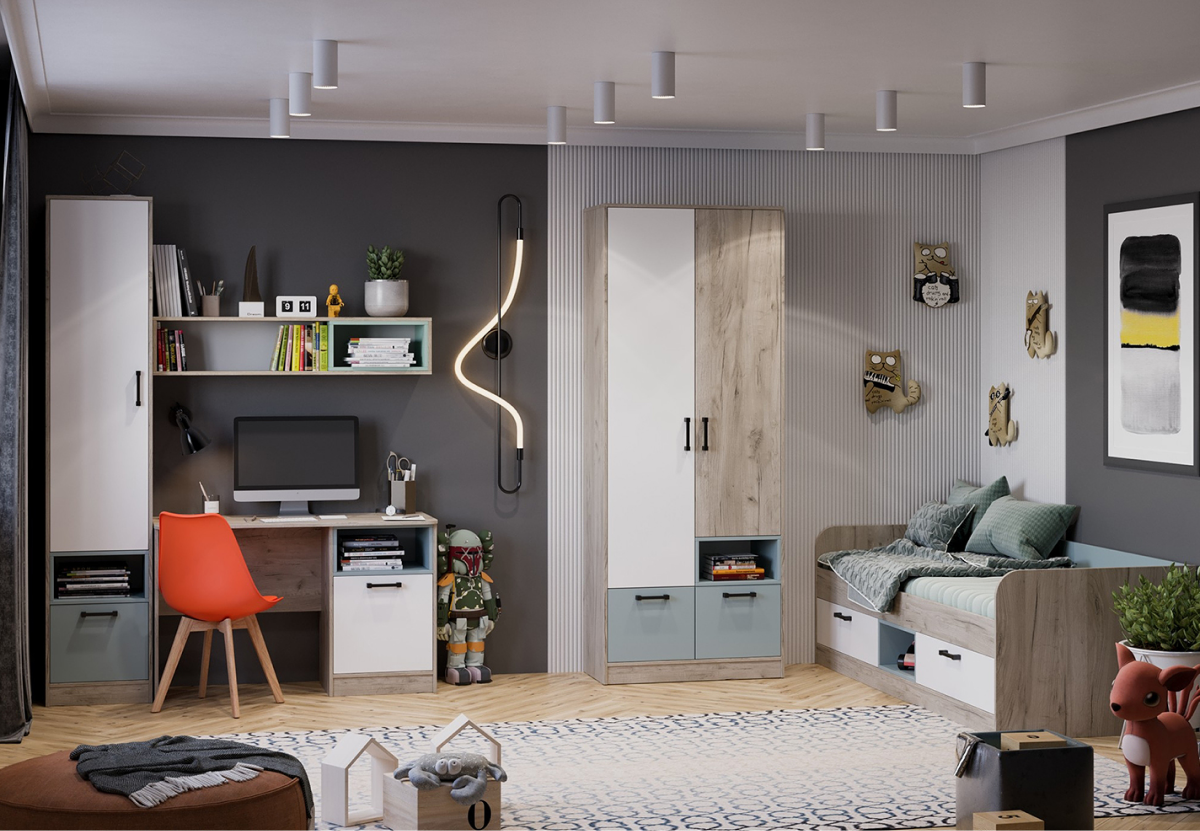 В оформлении использовали разные оттенки стен: темный с ярким пятном стула — в учебной зоне, светлый — в спальной. Код для поиска коллекции мебели «Оливер» на сайте — 54241.