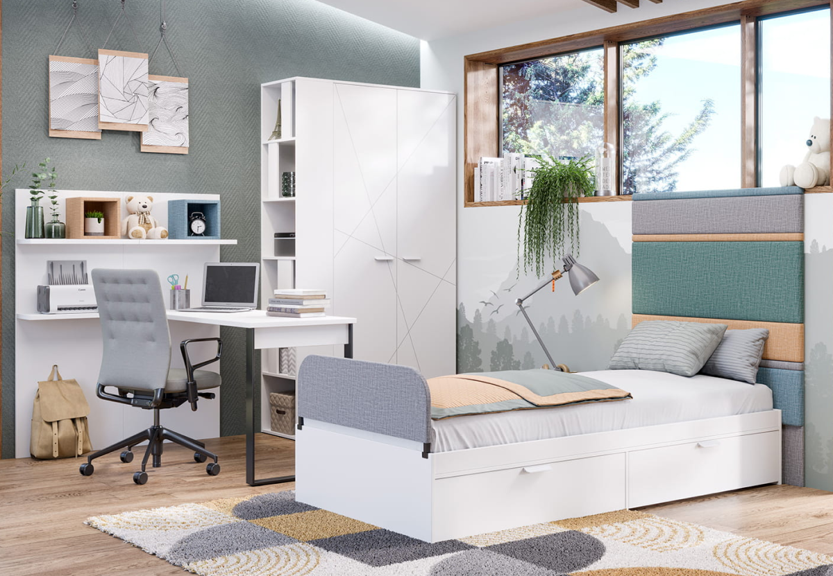 Перегородкой между зонами выступает письменный стол. Границу подчеркнули ковром и ярким изголовьем. Код для поиска коллекции мебели «Милтон» на сайте — 587792.