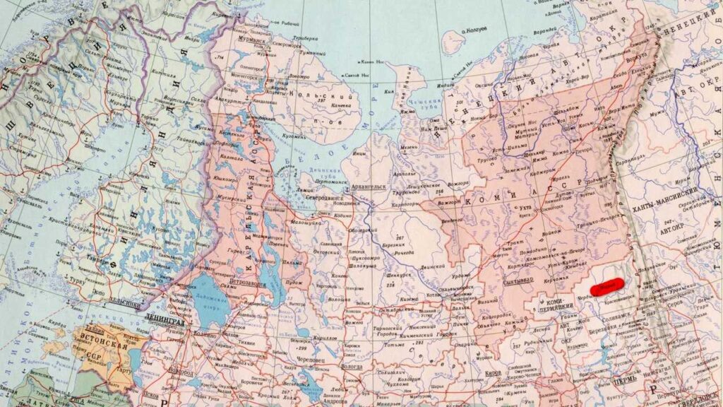 Карта северо-востока Европейской части СССР с указанием поселка Ныроб в Пермской области