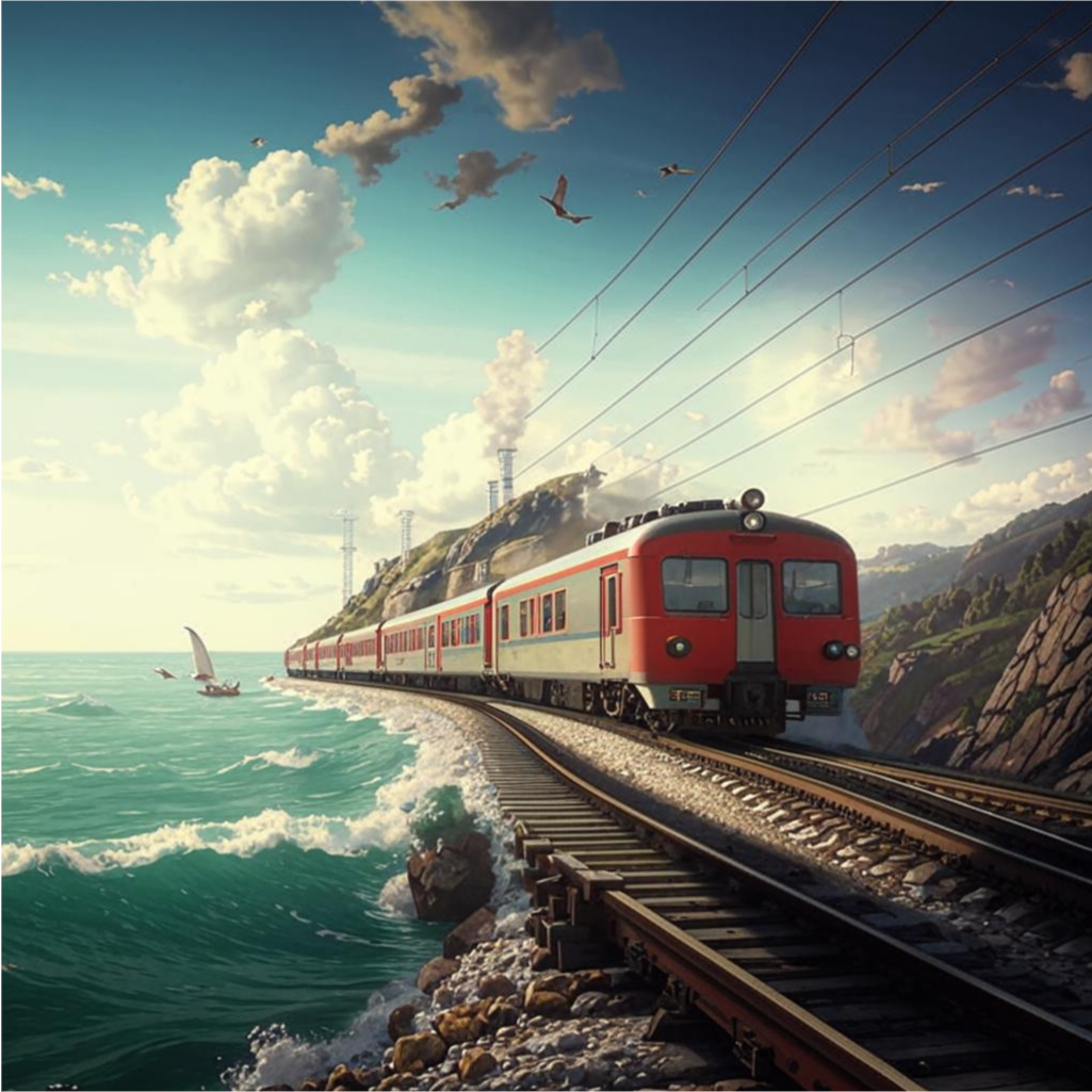 Картинка сгенерирована нейросетями, у меня в архиве такой красивой с поездом к морю не нашлось. Источник fusionbrain.ai